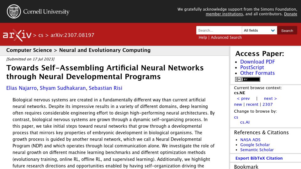 Screenshot of arxiv.org: Self-Assembling Artificial Neural Networks Through Neural Developmental Programs