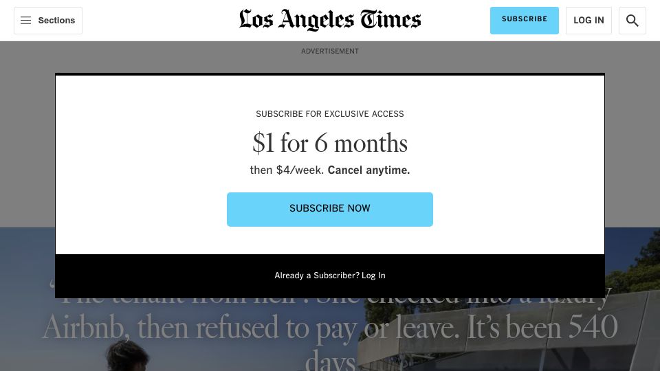 Screenshot of latimes.com: Airbnb tenant refuses to leave for more than a year