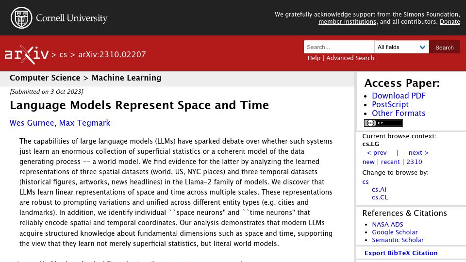 Screenshot of arxiv.org: Language Models Represent Space and Time