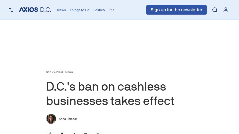 Screenshot of axios.com: D.C.'s ban on cashless businesses takes effect