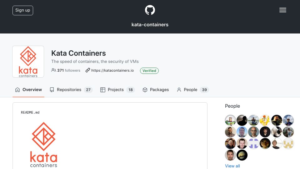 Screenshot of github.com: Kata Containers: The speed of containers, the security of VMs