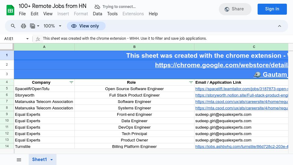 Screenshot of docs.google.com: Pure Remote Jobs from “HN: Who Is Hiring”
