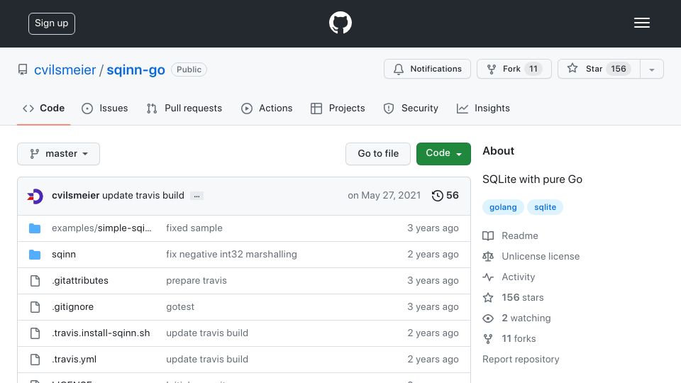 Screenshot of github.com: Show HN: Sqinn-Go is a Golang library for accessing SQLite databases in pure Go