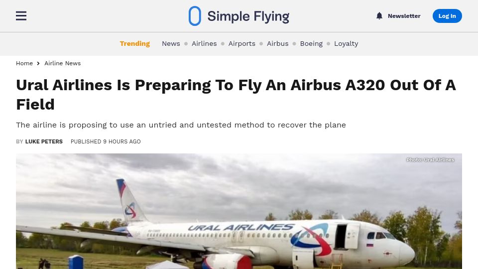 Screenshot of simpleflying.com: Ural Airlines is preparing to fly a stranded Airbus A320 out of a field
