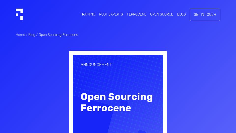 Screenshot of ferrous-systems.com: Open Sourcing Ferrocene