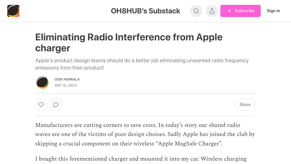 Screenshot of oh8hub.substack.com: Eliminating radio interference from Apple charger