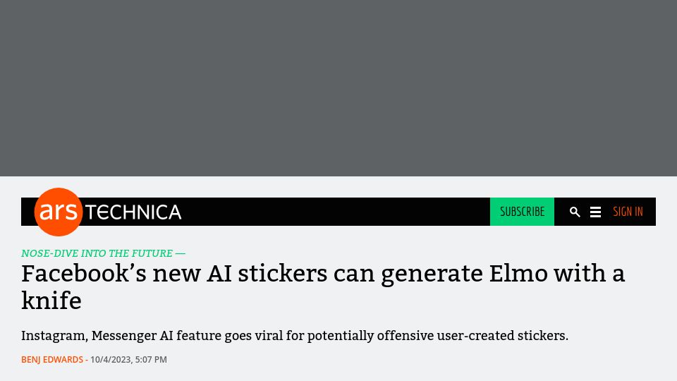 Screenshot of arstechnica.com: Facebook’s new AI stickers can generate Mickey Mouse holding a machine gun