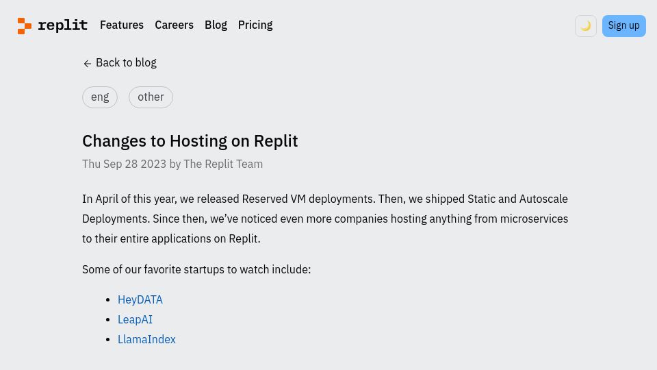 Screenshot of blog.replit.com: Changes to Hosting on Replit
