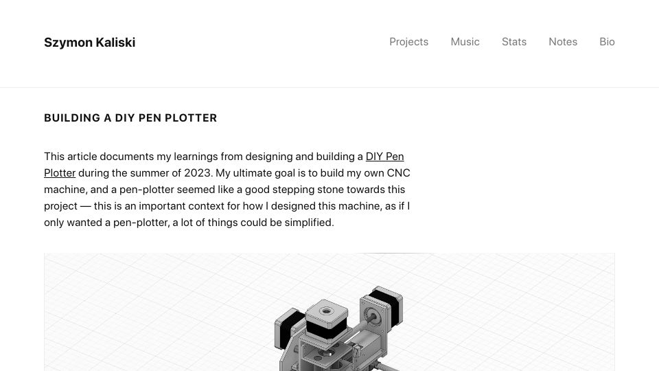 Screenshot of szymonkaliski.com: Building a DIY Pen Plotter