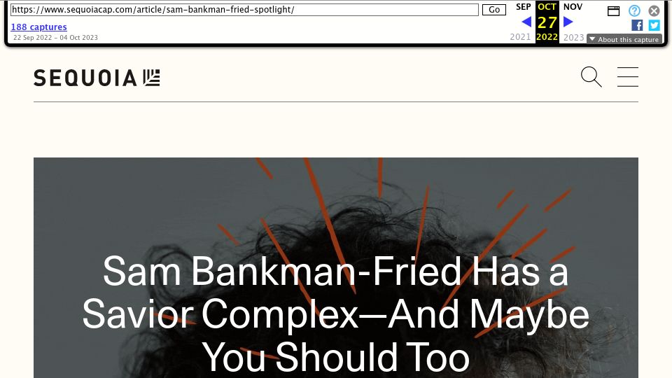 Screenshot of web.archive.org: Sequoia Captials Puff piece on SBF just before FTX's collapse