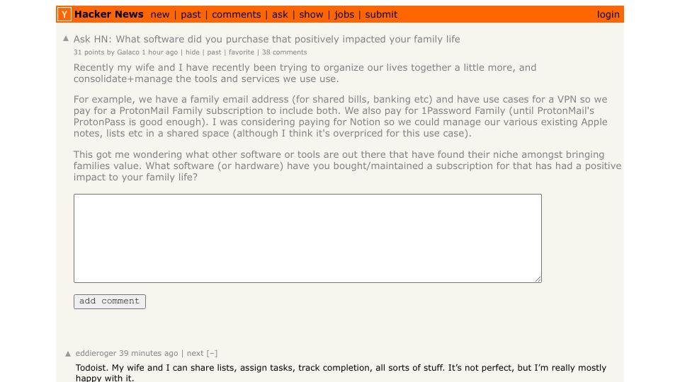 Screenshot of Hacker News post: Ask HN: What software did you purchase that positively impacted your family life