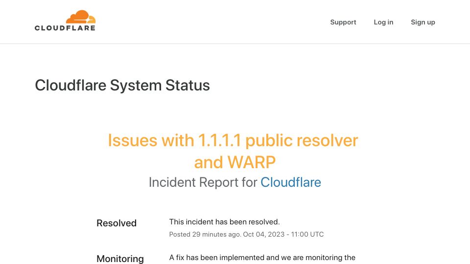 Screenshot of cloudflarestatus.com: Issues with 1.1.1.1 public resolver and WARP