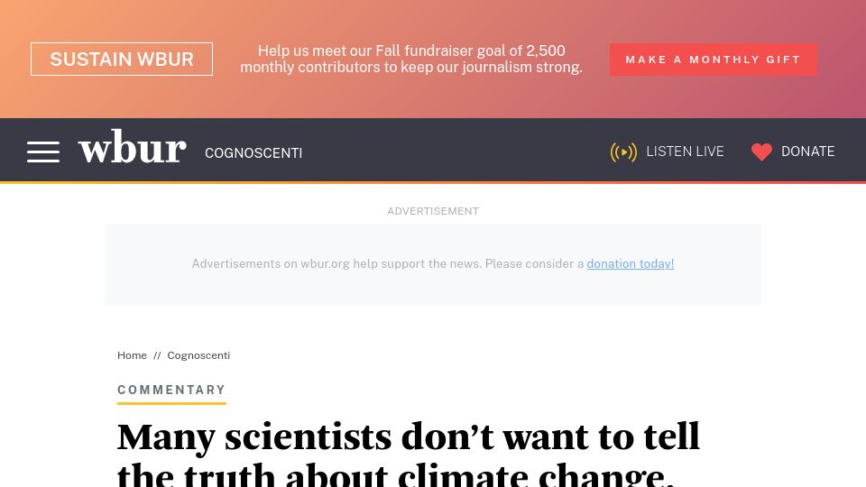 Screenshot of wbur.org: Many scientists don’t want to tell the truth about climate change. Here’s why