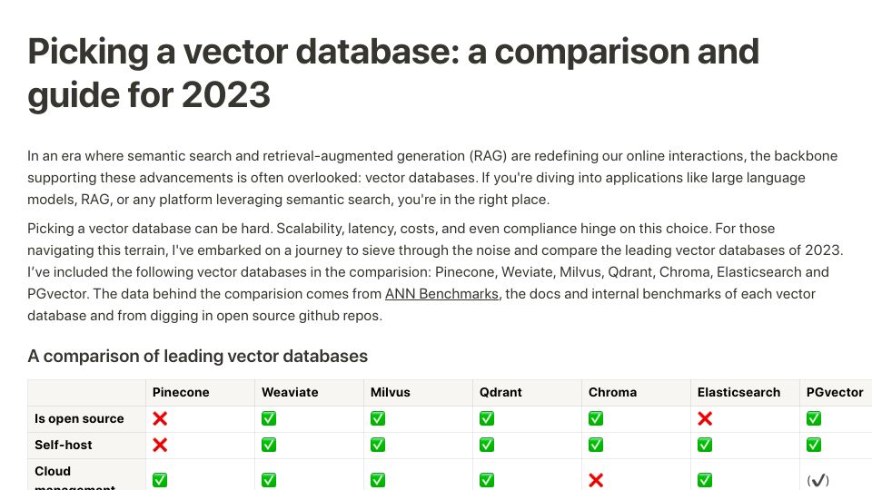 Screenshot of benchmark.vectorview.ai: Choosing vector database: a side-by-side comparison