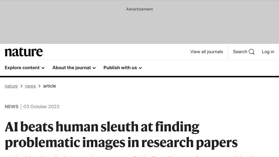 Screenshot of nature.com: AI beats human sleuth at finding problematic images in research papers