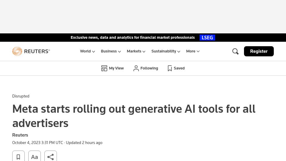 Screenshot of reuters.com: Meta starts rolling out generative AI tools for all advertisers