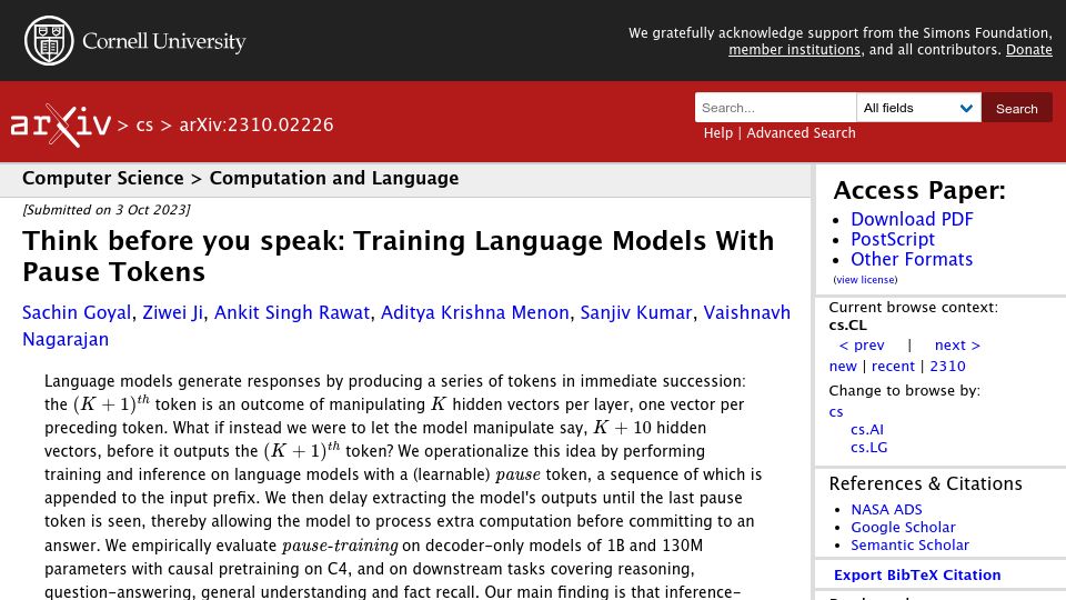 Screenshot of arxiv.org: Training language models with pause tokens