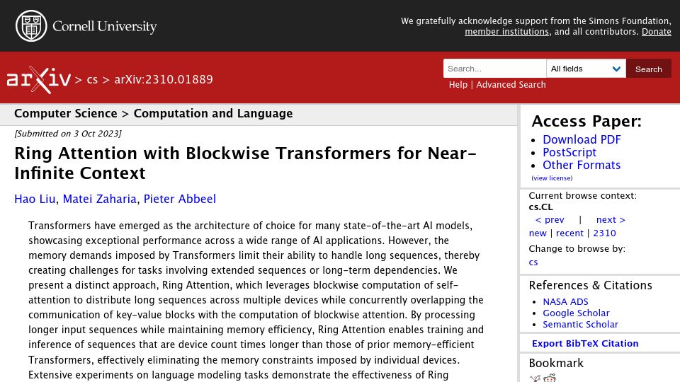 Screenshot of arxiv.org: Ring attention with blockwise transformers for near-infinite context