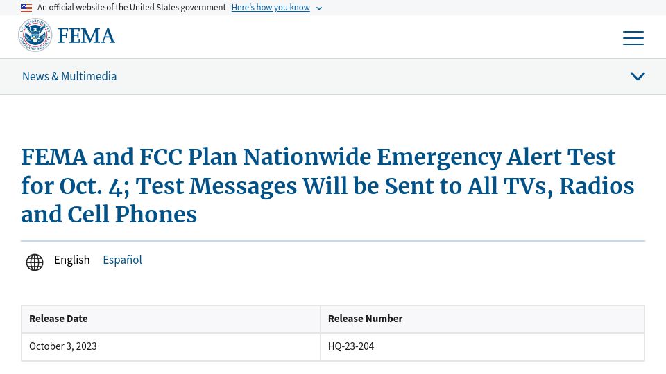 Screenshot of fema.gov: FEMA and FCC Plan Nationwide Emergency Alert Test for Oct. 4