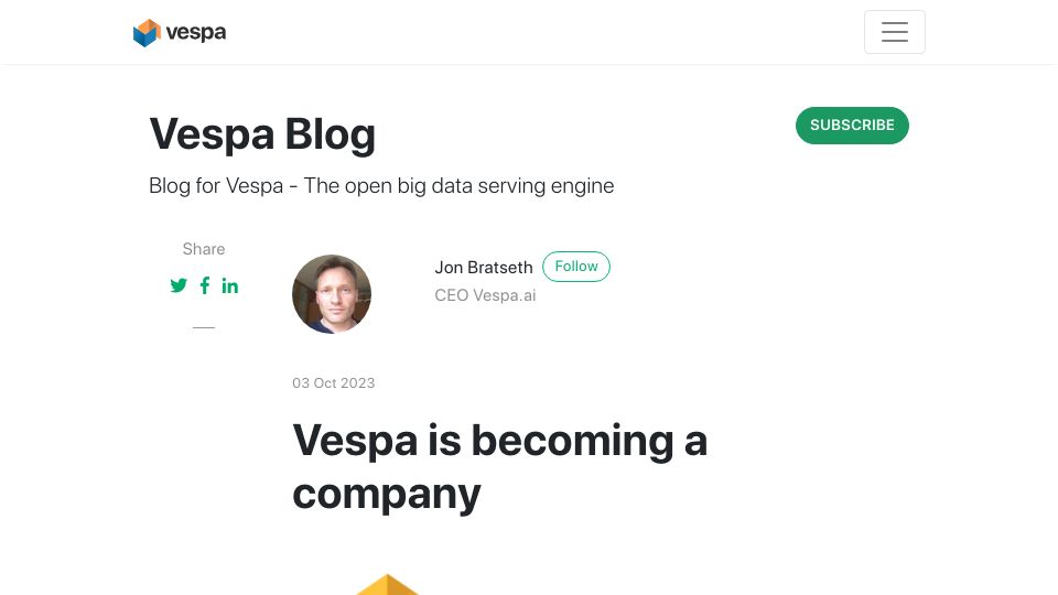 Screenshot of blog.vespa.ai: Vespa.ai is spinning out of Yahoo as a separate company