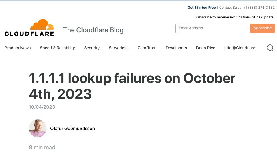 Screenshot of blog.cloudflare.com: 1.1.1.1 lookup failures on October 4th, 2023