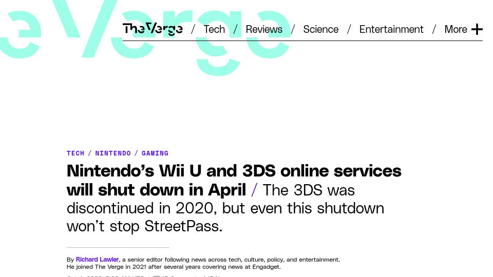 Screenshot of theverge.com: Nintendo’s Wii U and 3DS online services will shut down in April