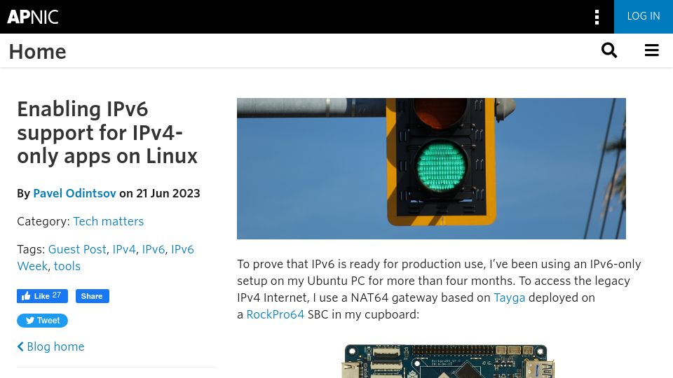 Screenshot of blog.apnic.net: Enabling IPv6 support for IPv4-only apps on Linux