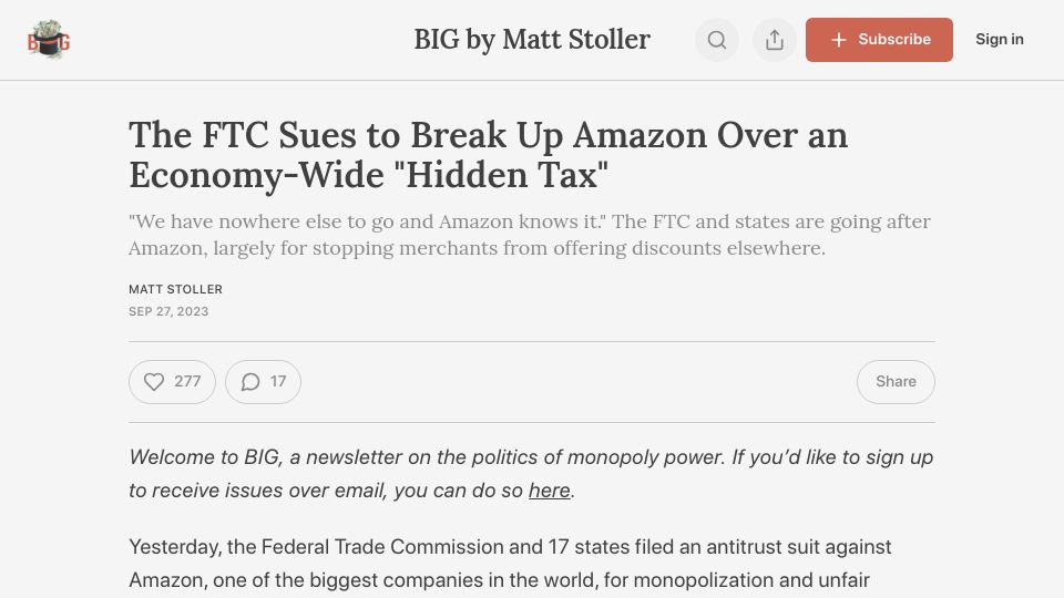 Screenshot of thebignewsletter.com: The FTC sues to break up Amazon over an economy-wide “hidden tax”
