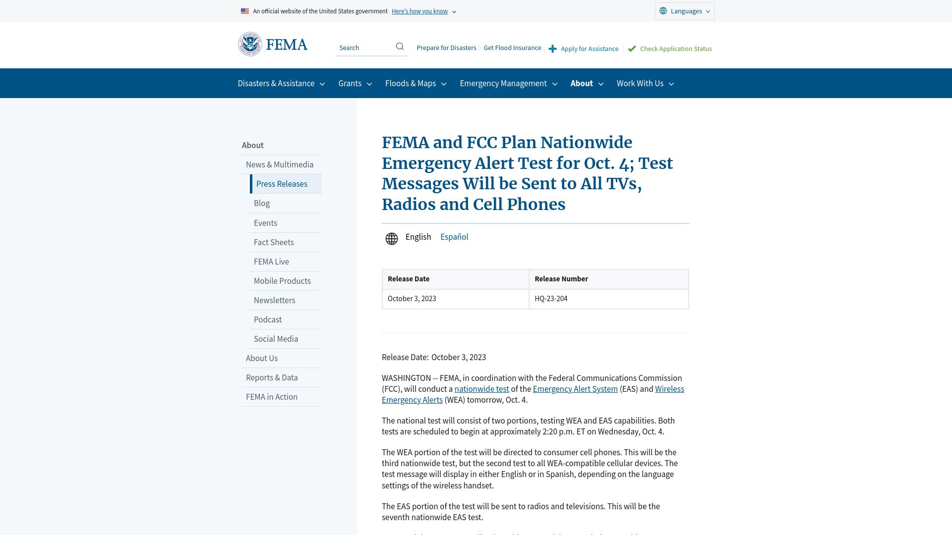 Screenshot of fema.gov: FEMA and FCC Plan Nationwide Emergency Alert Test for Oct. 4