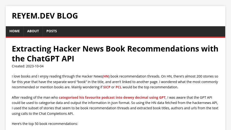Screenshot of blog.reyem.dev: Extracting Hacker News book recommendations with the ChatGPT API