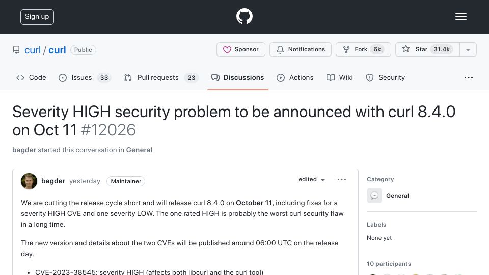 Screenshot of github.com: Severity HIGH security problem to be announced with curl 8.4.0 on Oct 11