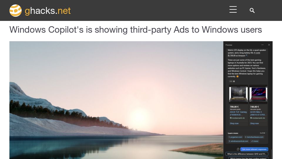 Screenshot of ghacks.net: Windows Copilot's is showing third-party Ads to Windows users