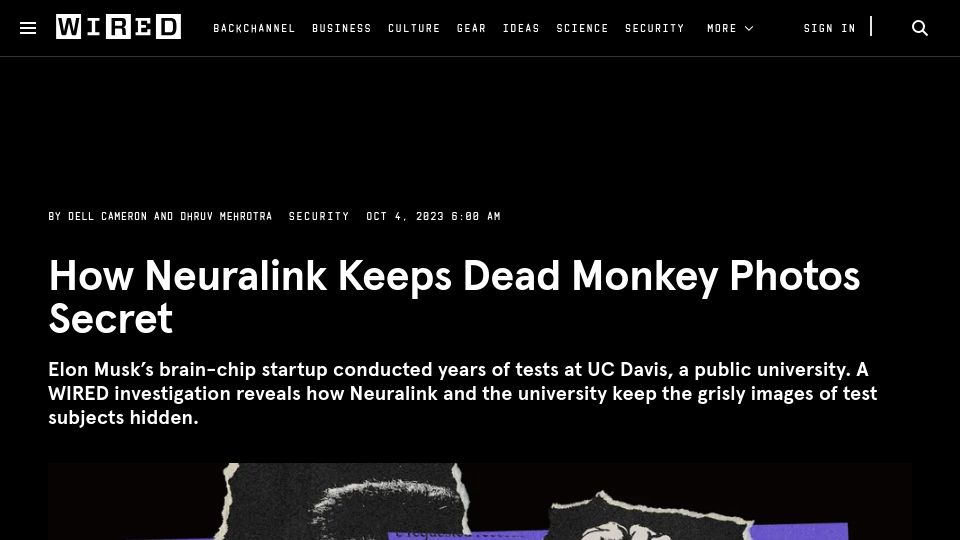 Screenshot of wired.com: How Neuralink Keeps Dead Monkey Photos Secret