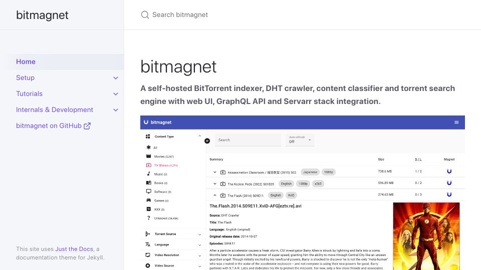 Screenshot of bitmagnet.io: Bitmagnet: A self-hosted BitTorrent indexer, DHT crawler, and torrent search