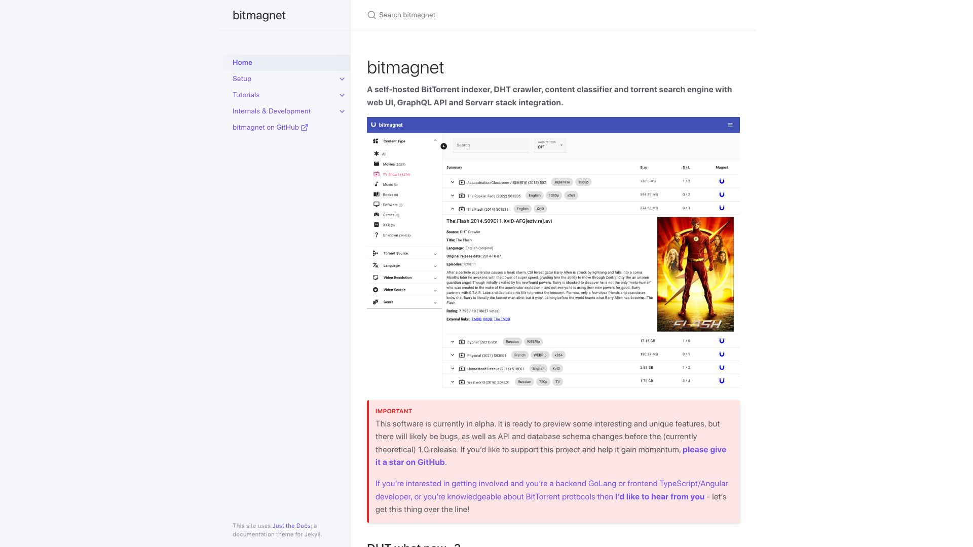 Screenshot of bitmagnet.io: Bitmagnet: A self-hosted BitTorrent indexer, DHT crawler, and torrent search
