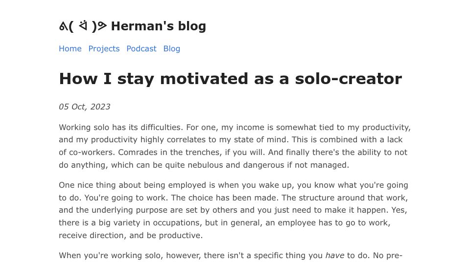 Screenshot of herman.bearblog.dev: How I stay motivated as a solo creator
