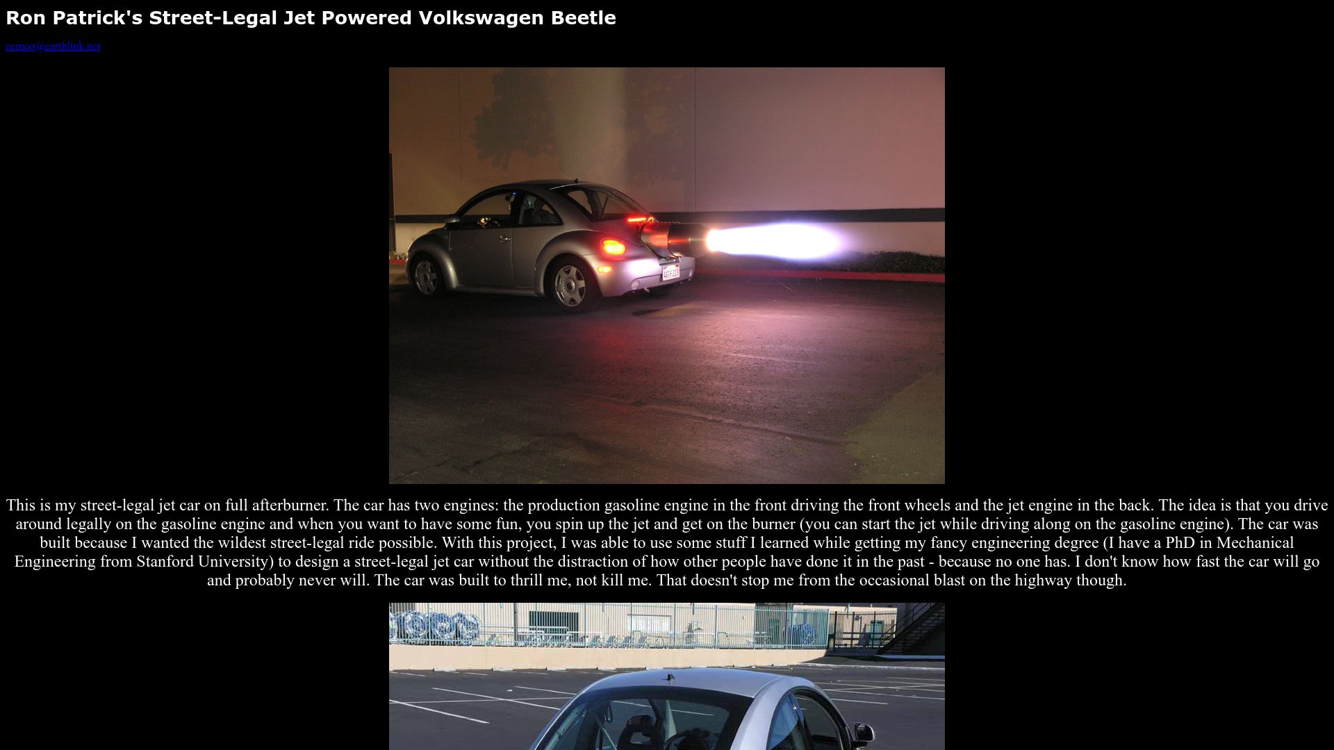 Screenshot of ronpatrickstuff.com: Ron Patrick's Street-Legal Jet Powered Volkswagen Beetle (2006)