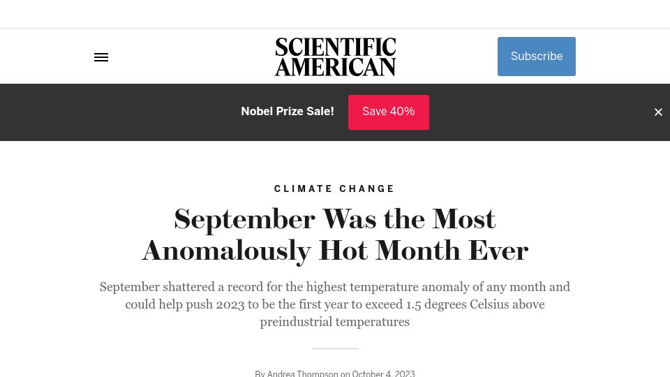 Screenshot of scientificamerican.com: September was the most anomalously hot month ever