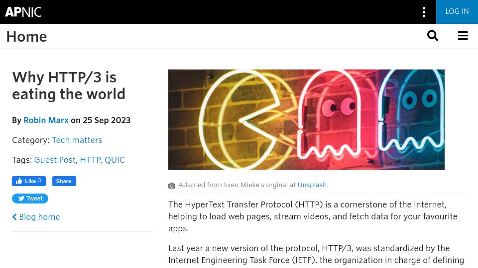 Screenshot of blog.apnic.net: HTTP/3 adoption is growing rapidly