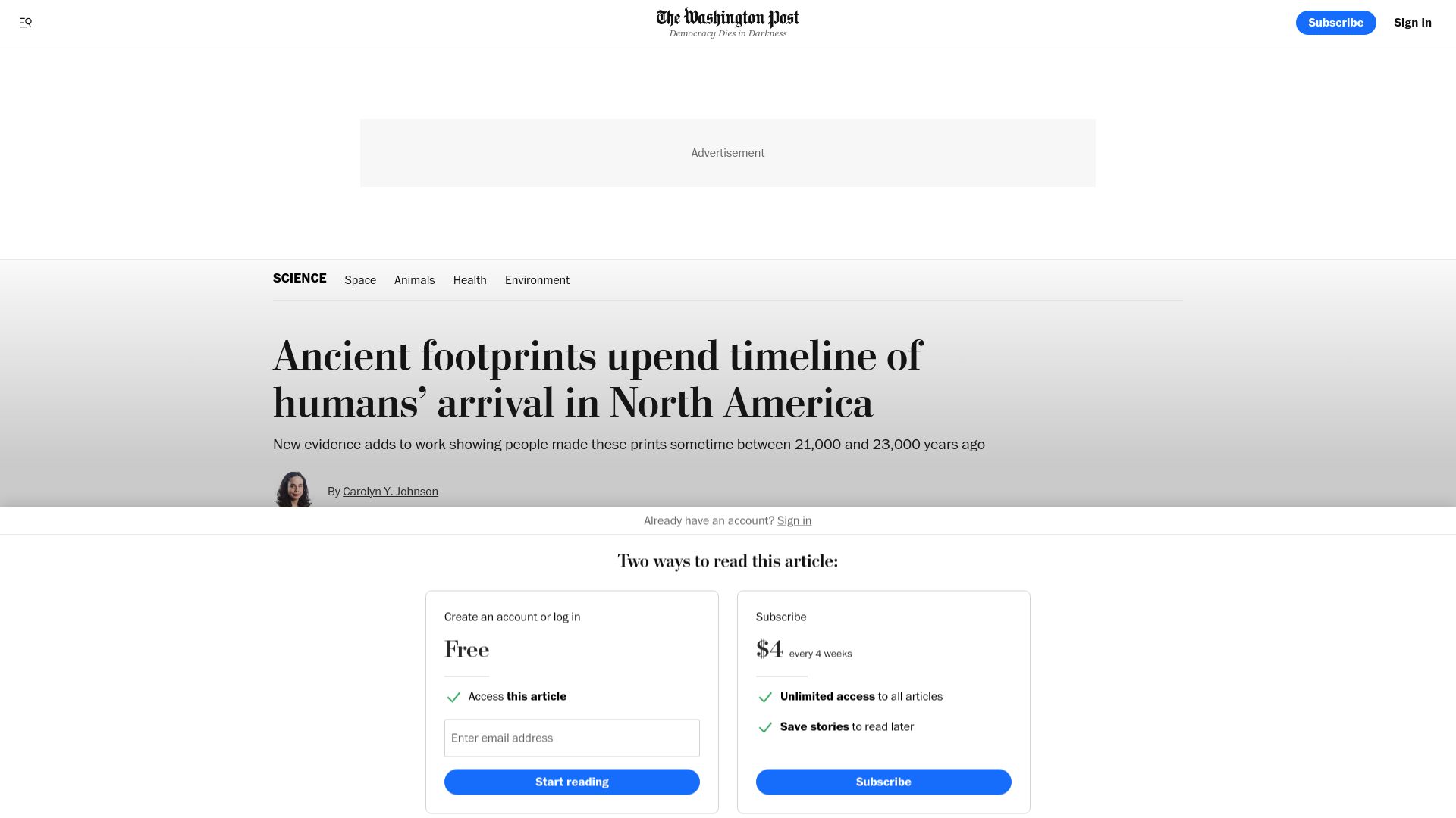 Screenshot of washingtonpost.com: Oldest footprints in North America push back human arrival