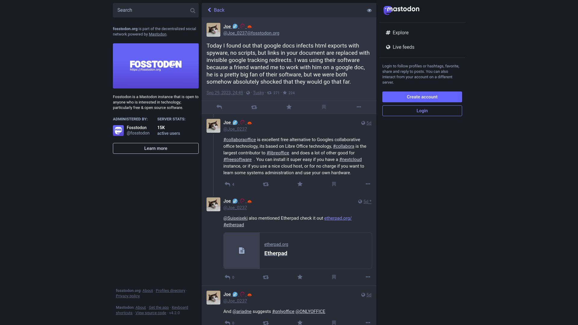 Screenshot of fosstodon.org: Google Docs adds tracking to links in document exports