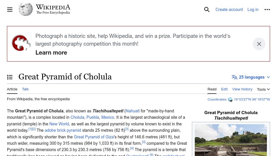 Screenshot of en.wikipedia.org: Great Pyramid of Cholula