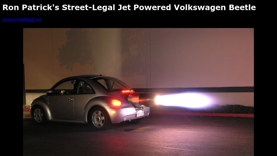 Screenshot of ronpatrickstuff.com: Ron Patrick's Street-Legal Jet Powered Volkswagen Beetle (2006)