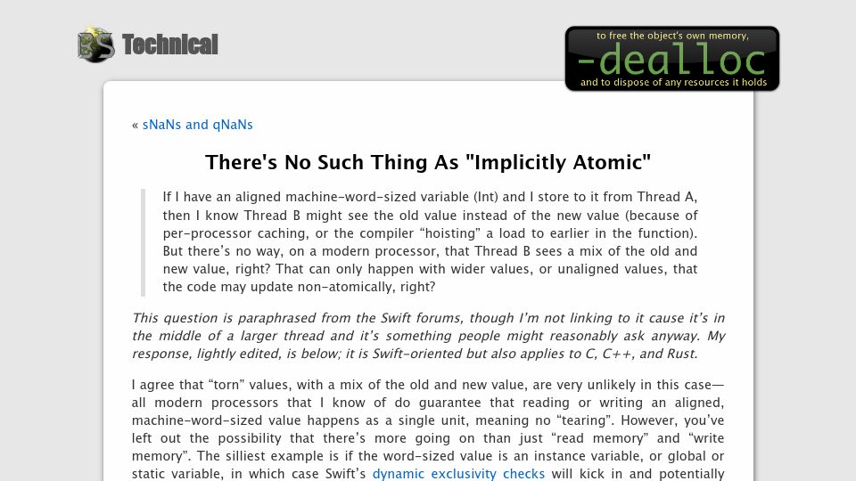 Screenshot of belkadan.com: There's No Such Thing as “Implicitly Atomic”