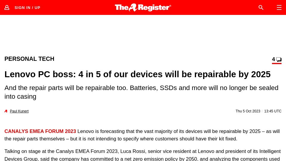 Screenshot of theregister.com: Lenovo PC boss: 4 in 5 of our devices will be repairable by 2025