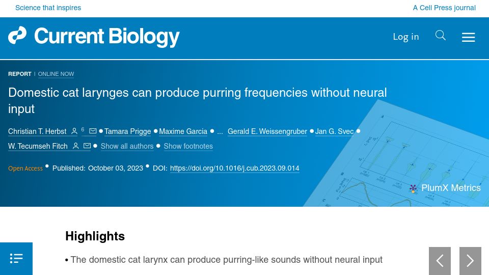 Screenshot of cell.com: Domestic cat larynges can produce purring frequencies without neural input