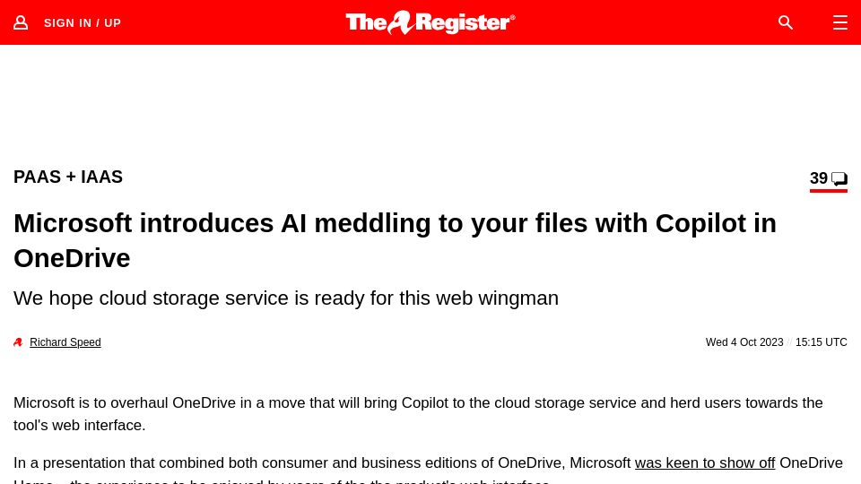 Screenshot of theregister.com: Microsoft introduces AI meddling to your files with Copilot in OneDrive