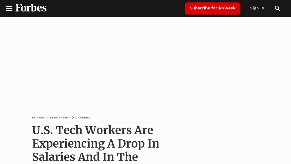 Screenshot of forbes.com: A drop in salaries and in the number of jobs available in the Bay Area