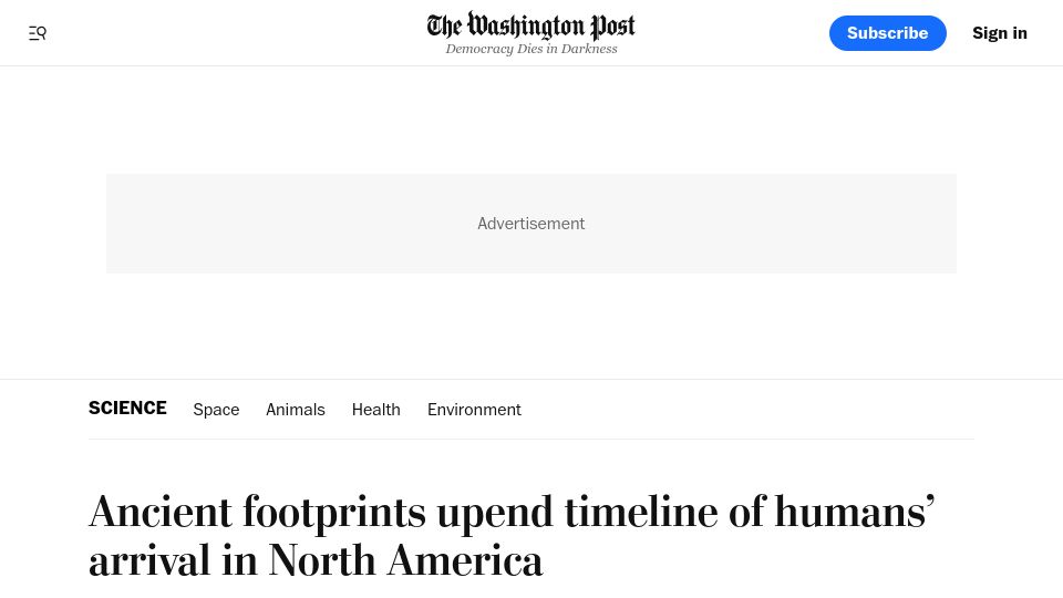 Screenshot of washingtonpost.com: Oldest footprints in North America push back human arrival