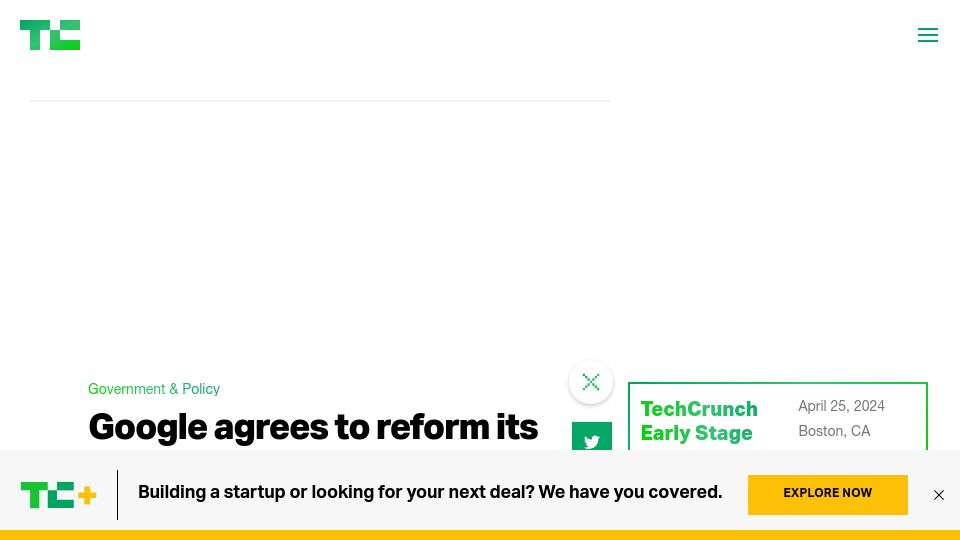 Screenshot of techcrunch.com: Google agrees to reform its data terms after German antitrust intervention